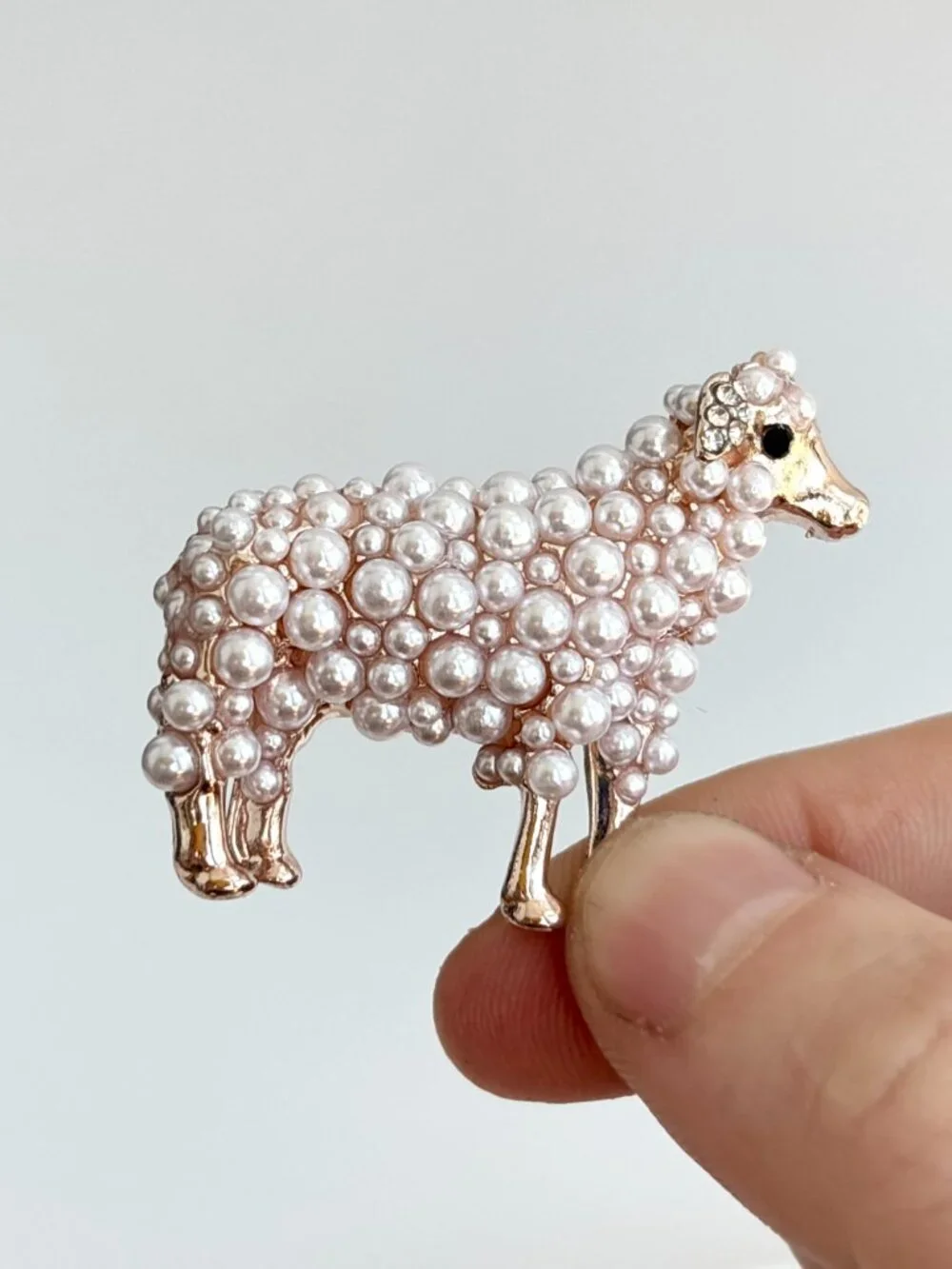 Sheep Figural Faux Pearl Accented Gold Toned Vintage Inspired Brooch Pin